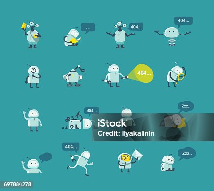 istock Character robot set Different situations. 404 error page not found funny repairs. Vector Icons 697884278