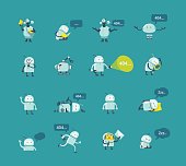 istock Character robot set Different situations. 404 error page not found funny repairs. Vector Icons 697884278