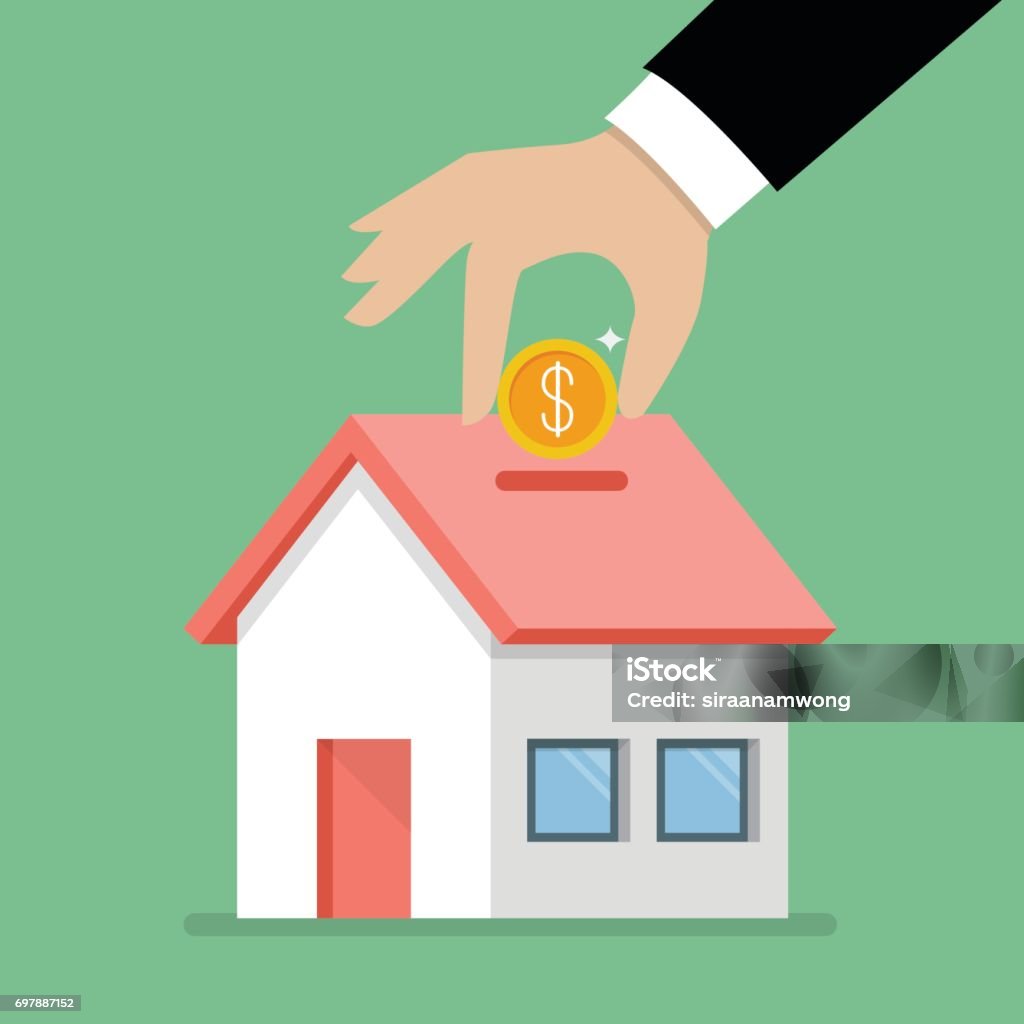 Hand collect the money in house piggy bank Hand collect the money in house piggy bank. flat style with long shadow House stock vector