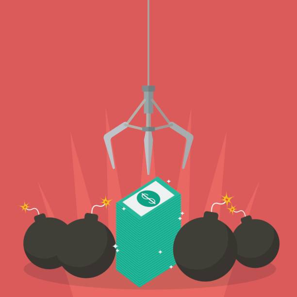 ilustrações de stock, clip art, desenhos animados e ícones de robotic claw clutching a money against bomb - bomb exploding vector problems