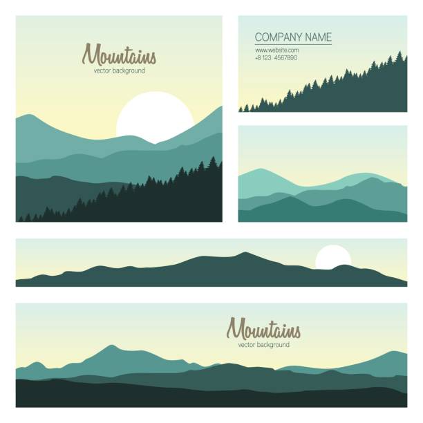 Set of green mountains and forest backgrounds Vector templates design for business cards, greeting, prints, web design, invitation and banners. Set of stylish cards in outdoor style. mountain stock illustrations