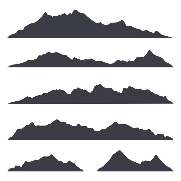 Mountains silhouettes on the white background Vector set of outdoor design elements. extreme terrain stock illustrations