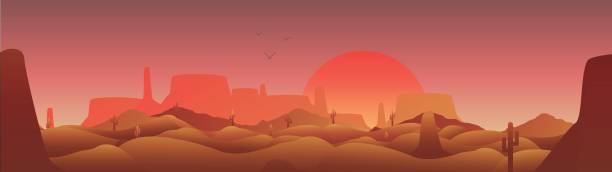 Desert Panorama with Cactus and Mesa  - Vector Illustration vector art illustration