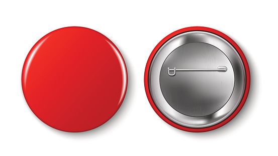 Red pin button, vector. Pin button set. Collection of realistic pin buttons. Red blank badge pin brooch isolated on white background. 3D vector style.  Web button.