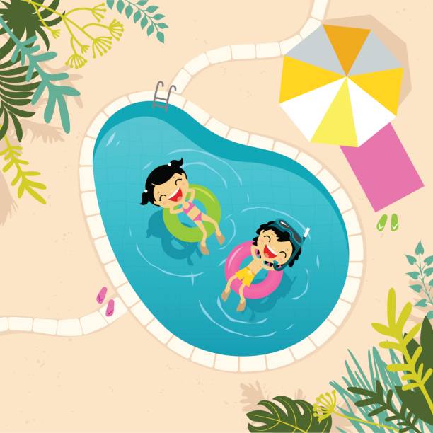 двое детей отдыхают в бассейне - water park inflatable ring water swimming pool stock illustrations