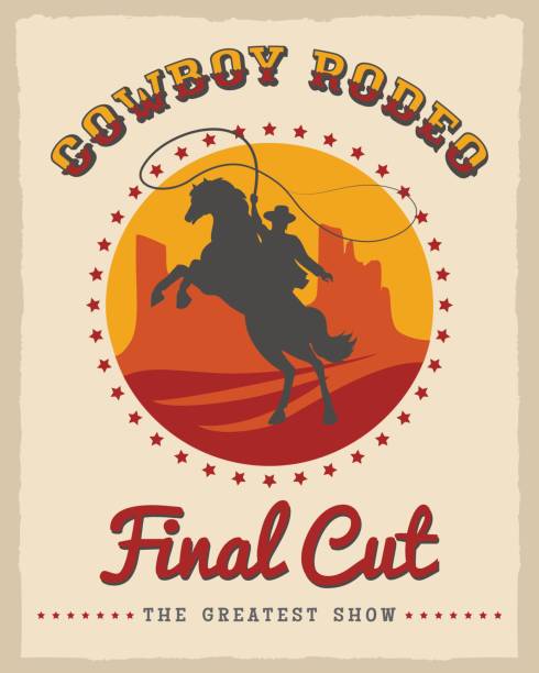 Cowboy rodeo poster Cowboy rodeo poster vector illustration. American country style texas western vintage placard design template cowboy silhouette desert stock illustrations
