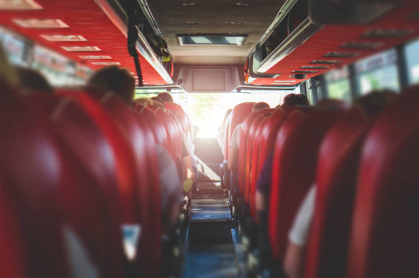 View from back seat in a bus. People sitting in a coach. Public transportation concept with summer vibe. Back seat in a bus back seat photos stock pictures, royalty-free photos & images