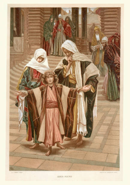 Jesus found at the temple Vintage engraving of Jesus found at the temple, by James Tissot. The Finding in the Temple, also called Christ among the Doctors or the Disputation, was an episode in the early life of Jesus depicted in the Gospel of Luke. new testament stock illustrations