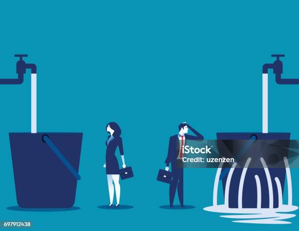 Business People And Leaking Bucket Contrast Between Business Vector Illustration Stock Illustration - Download Image Now