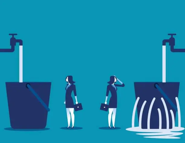 Vector illustration of Businesswoman and leaking bucket. Contrast between business. Vector illustration.