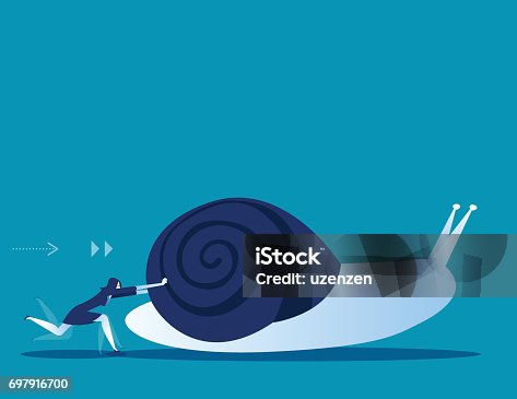 istock Businesswoman pushing snail. Concept business vector illustration. 697916700