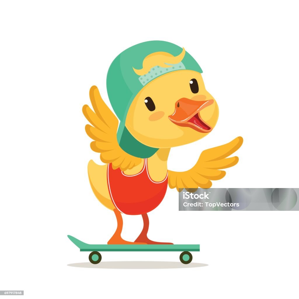 Tirinhas em Geral Little-yellow-duck-chick-in-blue-cap-skateboarding-cute-emoji-character-vector-illustration