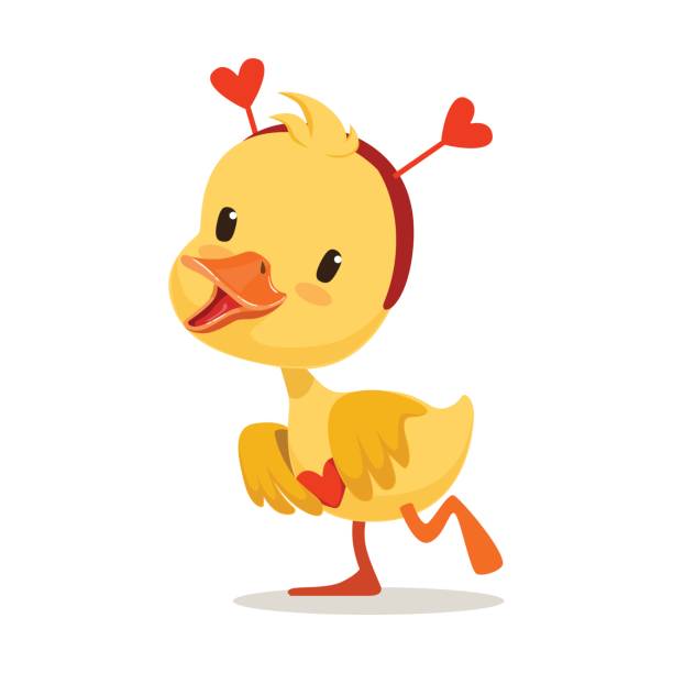 ilustraciones, imágenes clip art, dibujos animados e iconos de stock de dulce patito amarillo en una diadema roja con corazones, vector de caracteres emoji dibujos animados ilustración - chicken young bird animal egg baby chicken