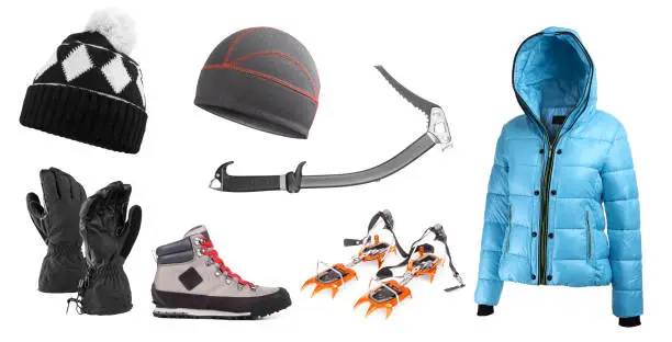 Elements of necessary High mountain equipment isolated on white background