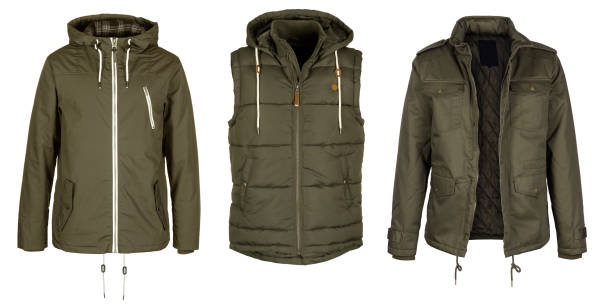 istock Two jackets and vest in dark green color isolated on white background 697920462