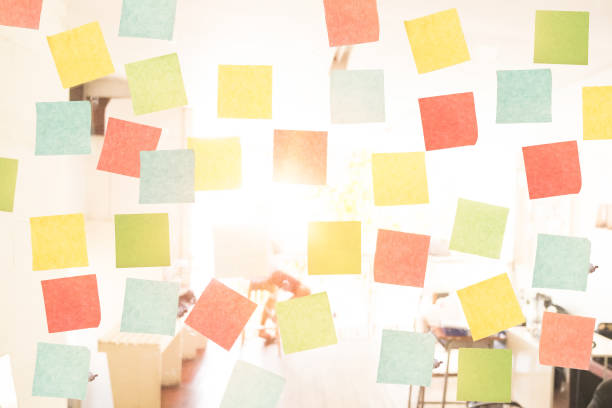istock Empty sticky note on window in the office with vintage tone and sun light. 697926678
