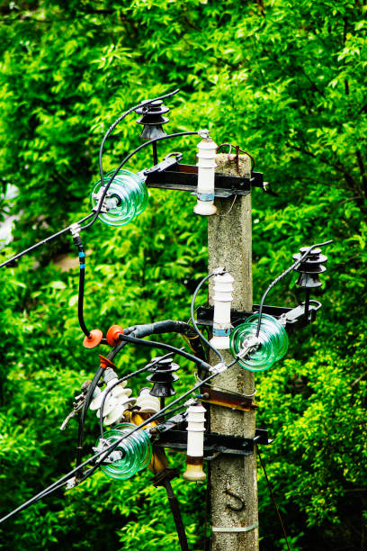 istock Electric insulators and wires on the pole 697927216