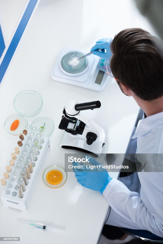 Male scientist during work at modern biological laboratory Adult Stock Photo