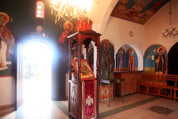 church of ayios ilias. protaras, famagusta district, cyprus - church stained glass hymnal glass imagens e fotografias de stock
