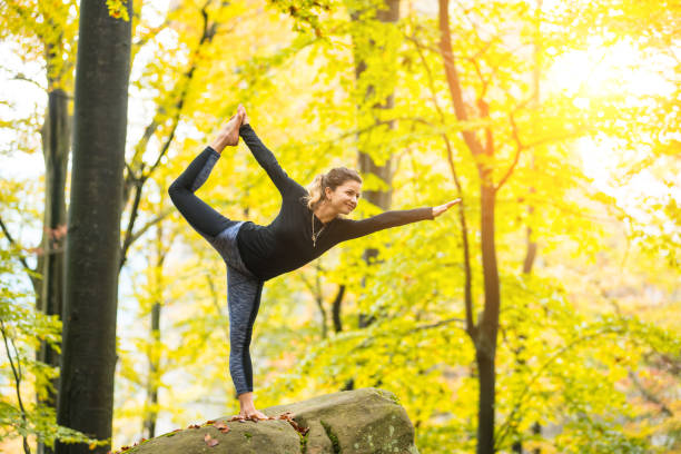 istock Woman is practicing yoga in autumn forest on the big stone 697928552