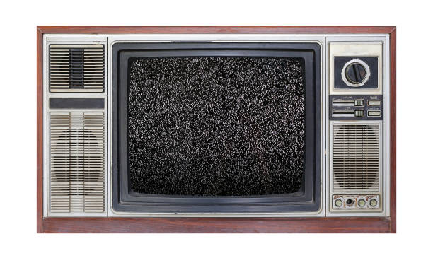 istock Retro television on white background with image of television grainy noise effect on screen. 697939942