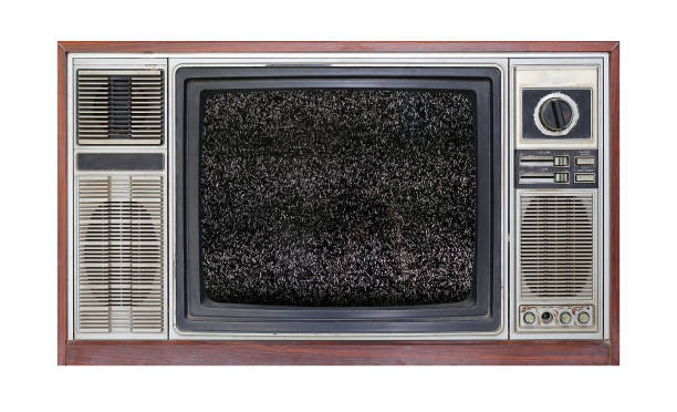 istock Retro television on white background with image of television grainy noise effect on screen. 697940088