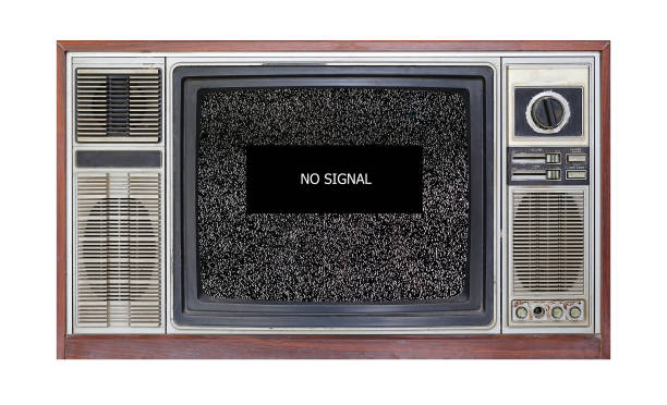 istock Retro television on white background with image of television grainy noise effect and text 