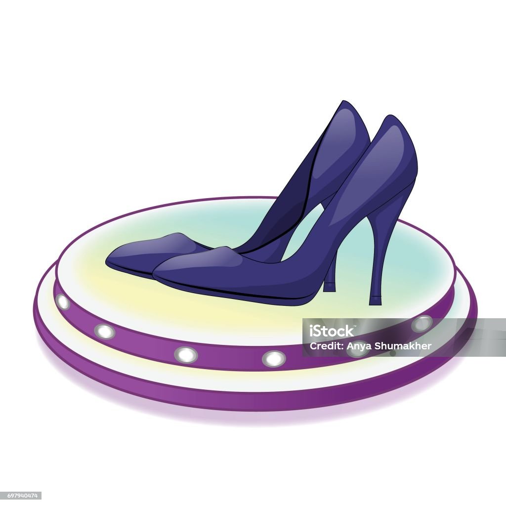 Pair of dark blue shoes with high heels on a stand with lamps. Isolated on white background. Vector illustration Pair of dark blue shoes with high heels on a stand with lamps. Isolated on white background. Vector Adult stock vector