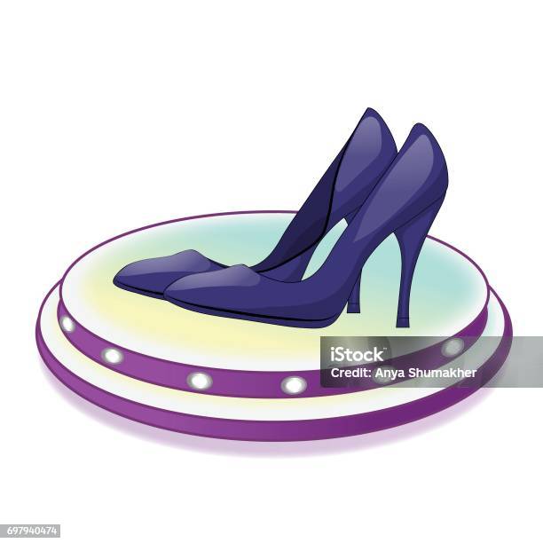 Pair Of Dark Blue Shoes With High Heels On A Stand With Lamps Isolated On White Background Vector Illustration Stock Illustration - Download Image Now