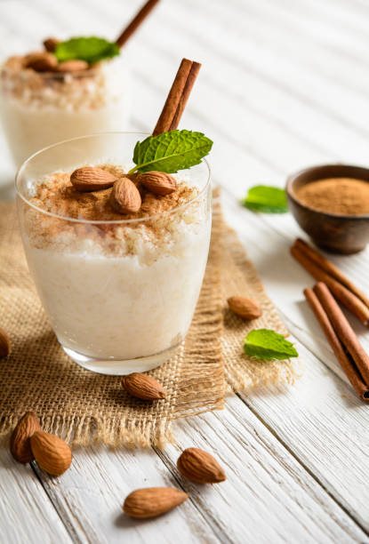 istock Creamy rice pudding topped with cinnamon and almond 697940612