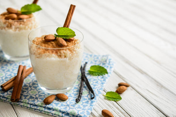istock Creamy rice pudding topped with cinnamon and almond 697940986