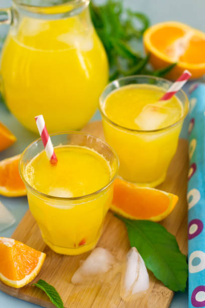 istock Fresh orange drink with ice cubes 697945560