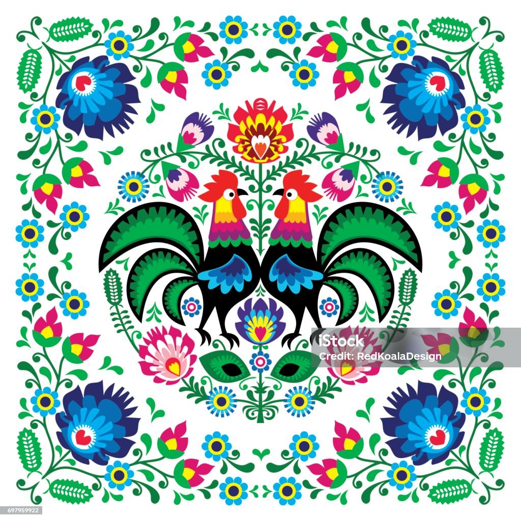 Polish floral folk art square pattern with rooster - wzory lowickie, wycinanki Traditional vector print form Poland - paper catouts style isolated on white Poland stock vector