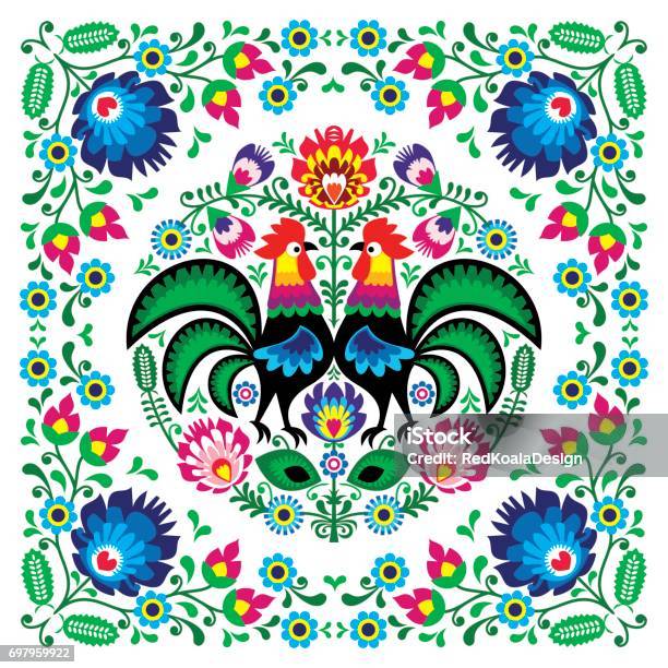 Polish Floral Folk Art Square Pattern With Rooster Wzory Lowickie Wycinanki Stock Illustration - Download Image Now