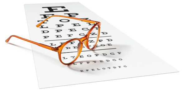 orange eyeglasses on visual test chart isolated on white. Eyesight concept