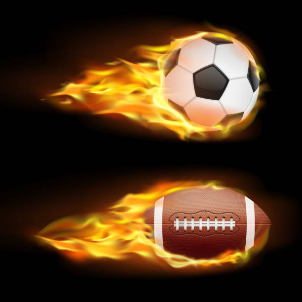 ilustrações, clipart, desenhos animados e ícones de conjunto de vetores de esportes, bolas, bolas de futebol e jogador de futebol americano em chamas em um estilo realista a arder - group of objects set symbol computer icon