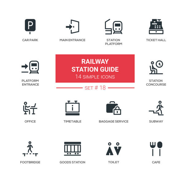 путеводитель по железнодорожному вокзалу - современные простые иконки, набор пиктограмм - concourse stock illustrations