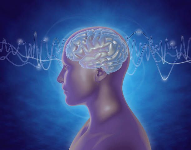 istock Brain waves abstract illustration with man profile, blue background. 697986858