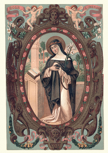 Vintage engraving of Saint Rose of Lima  (April 20, 1586 – August 24, 1617), was a member of the Third Order of Saint Dominic in Lima, Peru, who became known for both her life of severe asceticism and her care of the needy of the city through her own private efforts.