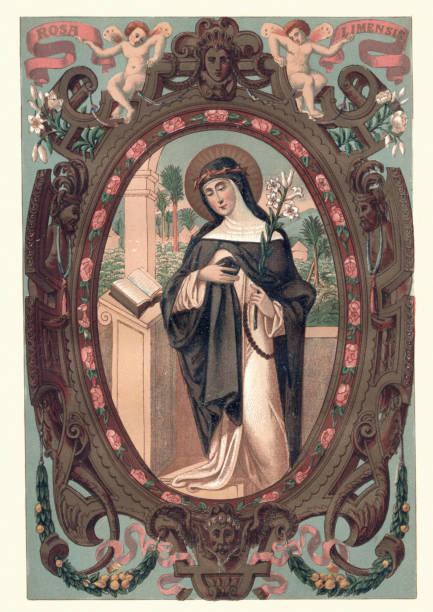 Saint Rose of Lima Vintage engraving of Saint Rose of Lima  (April 20, 1586 – August 24, 1617), was a member of the Third Order of Saint Dominic in Lima, Peru, who became known for both her life of severe asceticism and her care of the needy of the city through her own private efforts. religious saint stock illustrations