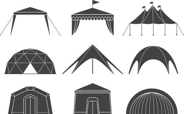 ilustraciones, imágenes clip art, dibujos animados e iconos de stock de conjunto de varios diseños de carpas para camping y carpas pabellón - cupola