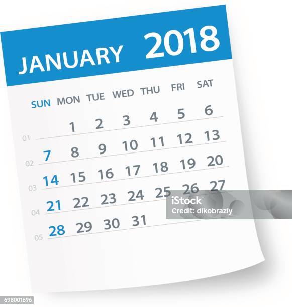 January 2018 Calendar Leaf Illustration Stock Illustration - Download Image Now - 2018, January, Adhesive Note
