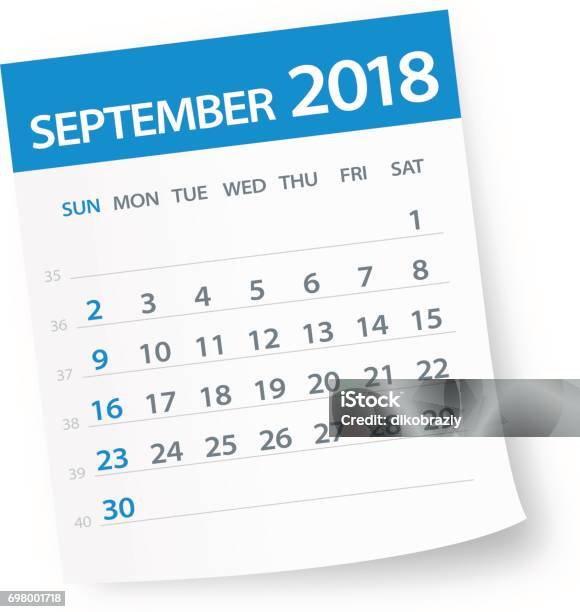 September 2018 Calendar Leaf Illustration Stock Illustration - Download Image Now - September, 2018, Adhesive Note