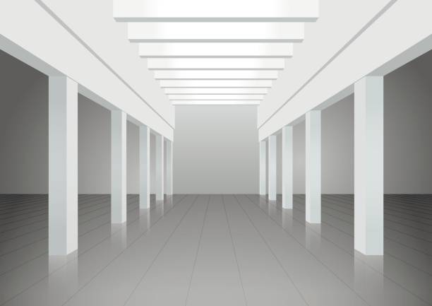 White interior of of not existing building with columns and beamed ceilings and top light. Vector 3d illustration. White interior of of not existing building with columns and beamed ceilings and top light. Symmetrical view. sky light background stock illustrations