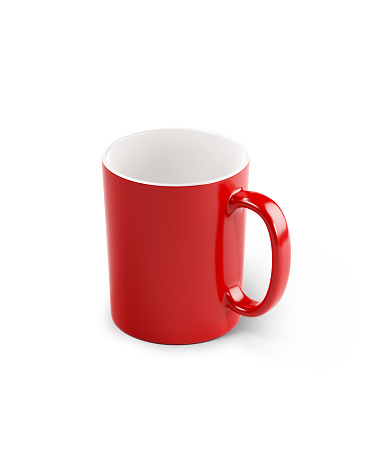 Red porcelain mug isolated on white background. Vertical composition with copy space. Clipping path is included.