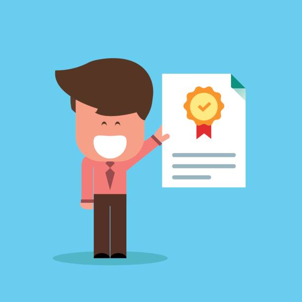 ilustraciones, imágenes clip art, dibujos animados e iconos de stock de empresario mostrando un certificado de - master of business administration