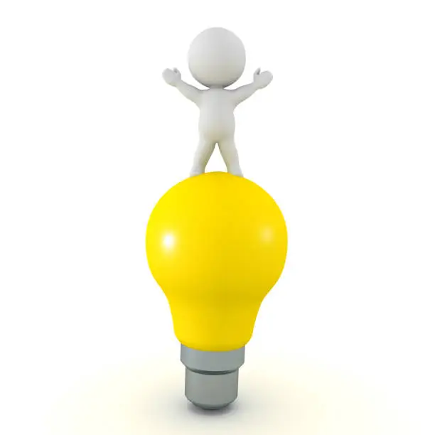 Photo of 3D Character standing on top of bright light bulb