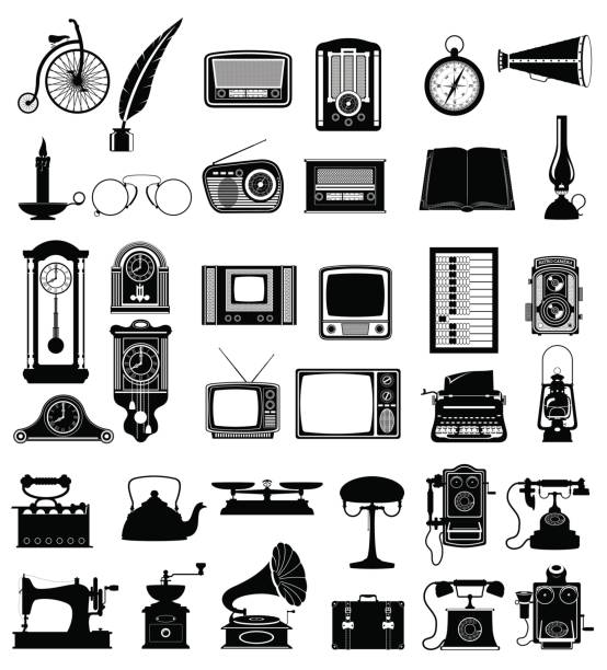 ilustraciones, imágenes clip art, dibujos animados e iconos de stock de los iconos, viejos objetos set grande, vintage retro vector ilustración - phone horn