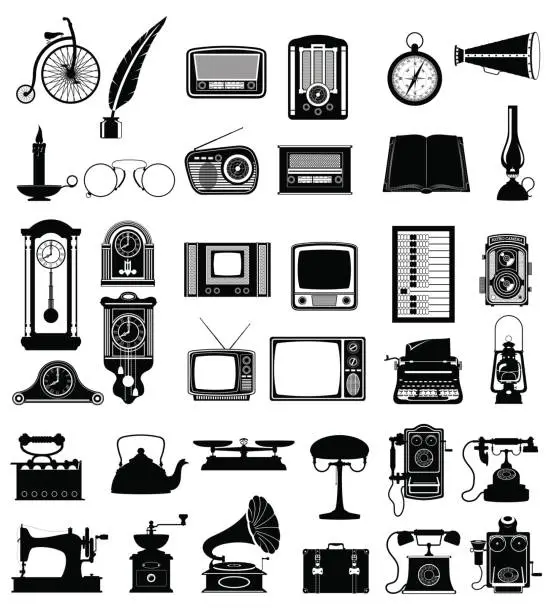 Vector illustration of big set objects retro old vintage icons vector illustration