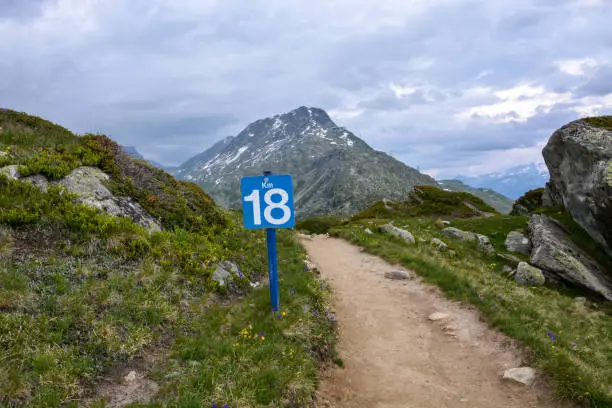 A kilometer eighteen sign in the mountains for marathon near Aletschgletscher in Switzerland